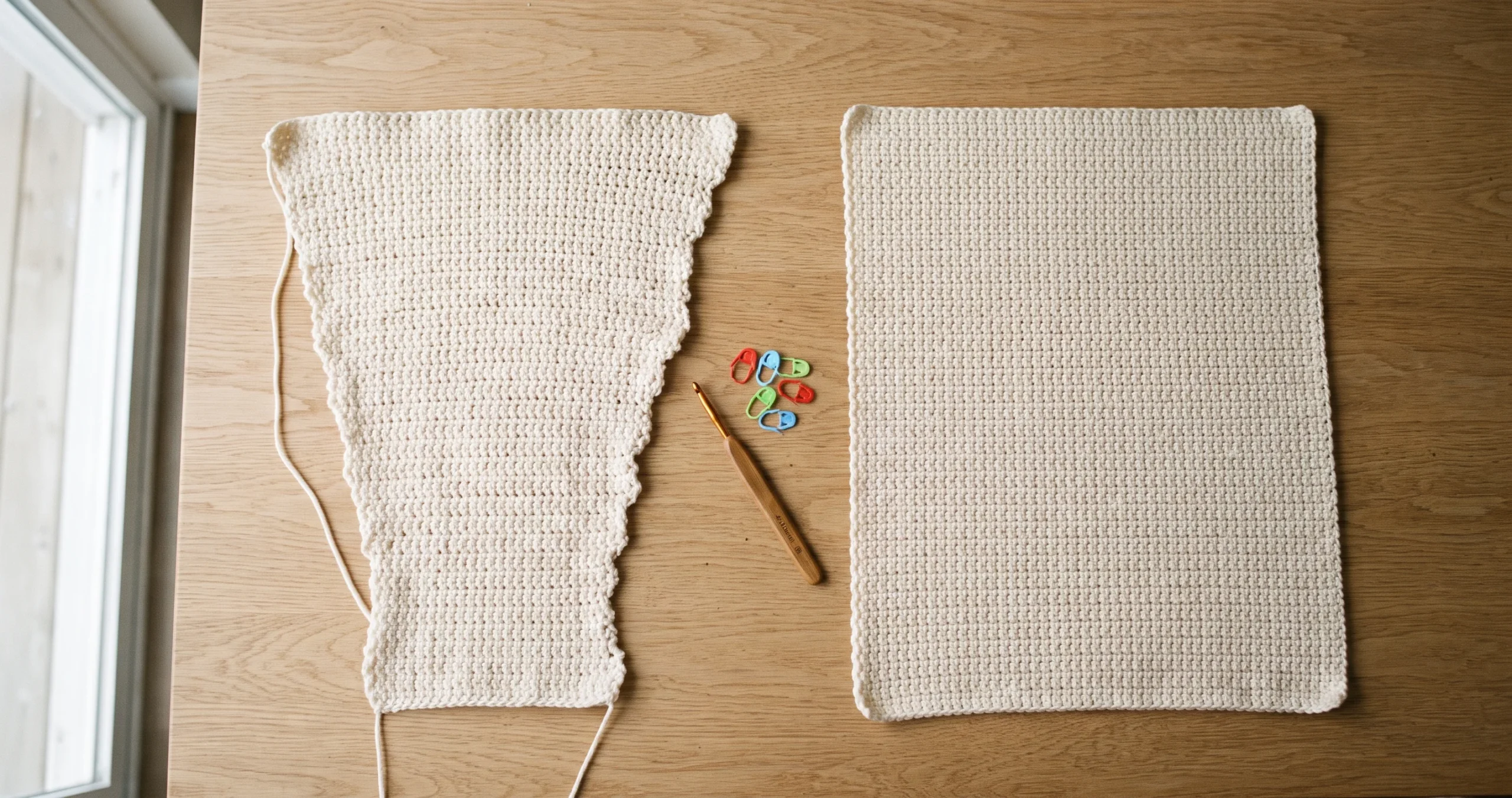 Why is my crochet getting wider, shown by an uneven piece beside a straight one