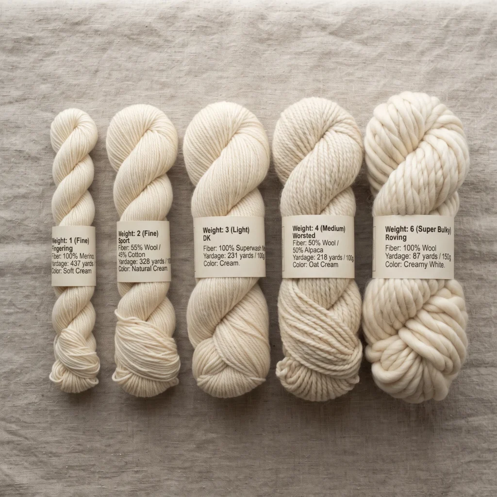 Five skeins of yarn from fingering to super bulky showing different thicknesses